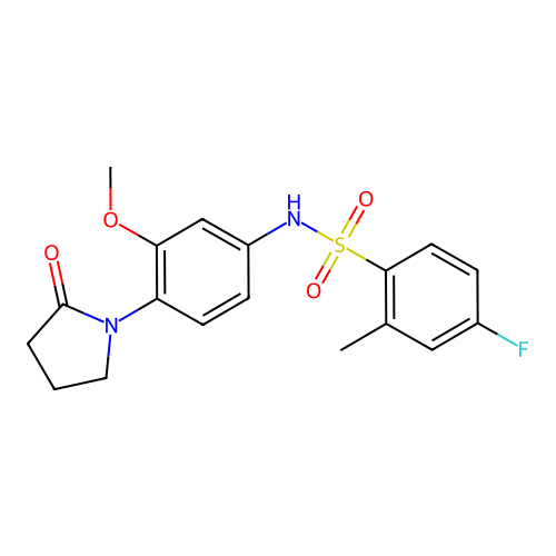 4-fluoro-N-(3-methoxy-4-(2-oxopyrrolidin-1-yl)phenyl)-2-methylbenzenesulfonamide structure