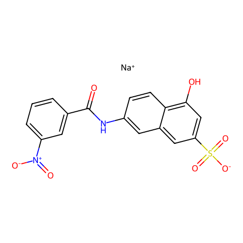 Sodium 4-hydroxy-7-((3-nitrobenzoyl)amino)naphthalene-2-sulphonate structure