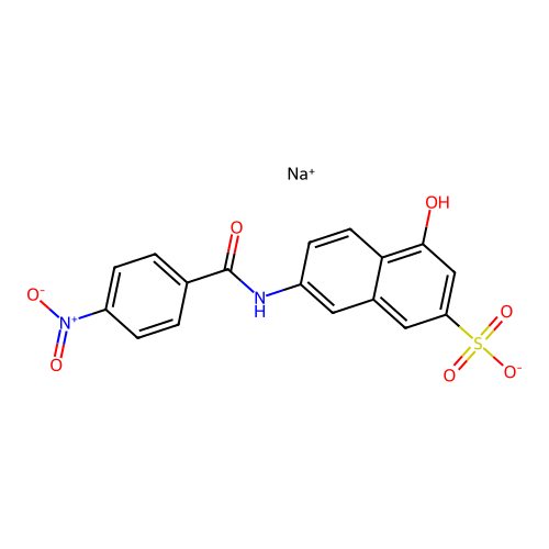 Sodium 4-hydroxy-7-((4-nitrobenzoyl)amino)naphthalene-2-sulphonate structure