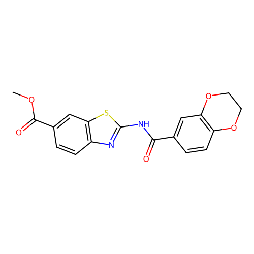 methyl 2-(2,3-dihydrobenzo[b][1,4]dioxine-6-carboxamido)benzo[d]thiazole-6-carboxylate structure