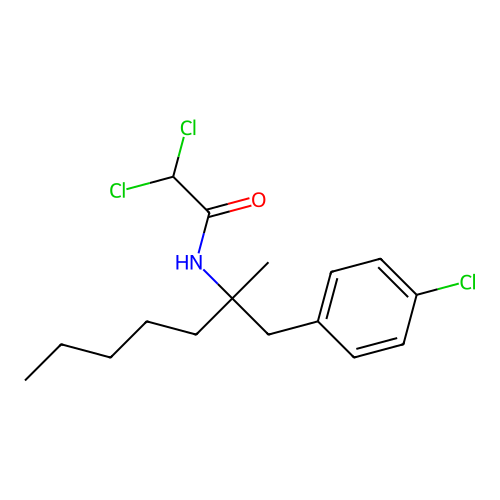 2,2-dichloro-N-[1-(4-chlorophenyl)-2-methylheptan-2-yl]acetamide structure