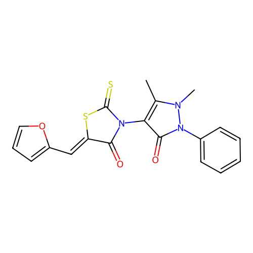 (5Z)-3-(1,5-dimethyl-3-oxo-2-phenyl-2,3-dihydro-1H-pyrazol-4-yl)-5-(furan-2-ylmethylidene)-2-thioxo-1,3-thiazolidin-4-one structure