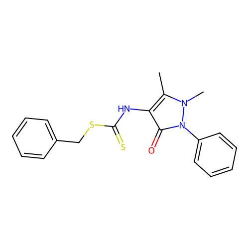 benzyl (1,5-dimethyl-3-oxo-2-phenyl-2,3-dihydro-1H-pyrazol-4-yl)carbamodithioate structure