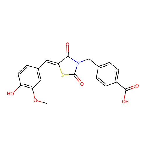 (Z)-4-((5-(4-hydroxy-3-methoxybenzylidene)-2,4-dioxothiazolidin-3-yl)methyl)benzoic acid structure