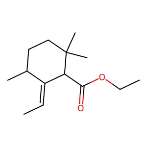 Cyclohexanecarboxylic acid, 6-ethylidene-2,2,5-trimethyl-, ethyl ester structure