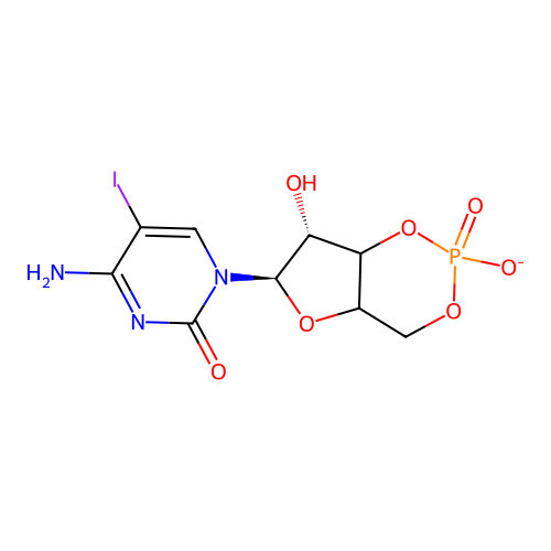 2(1H)-Pyrimidinone, 4-amino-3,4-dihydro-5-iodo-1-((6R,7R)-tetrahydro-2,7-dihydroxy-2-oxido-4H-furo(3,2-d)-1,3,2-dioxaphosphorin-6-yl)-, ion(1-) structure
