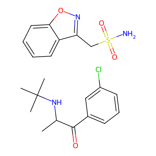 1,2-benzoxazol-3-ylmethanesulfonamide;2-(tert-butylamino)-1-(3-chlorophenyl)propan-1-one structure