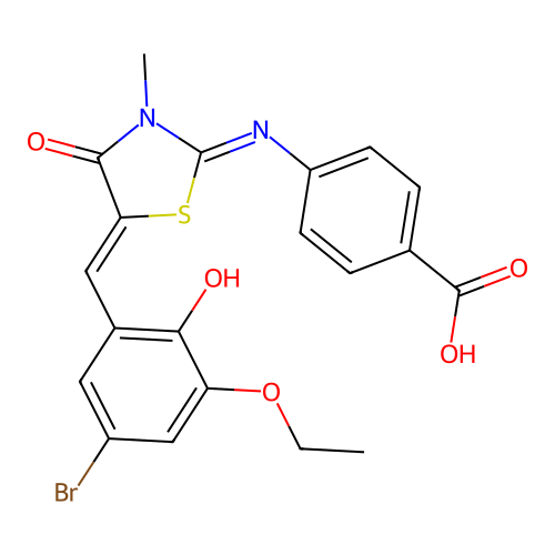 4-[[5-[(5-Bromo-3-ethoxy-2-hydroxyphenyl)methylene]-3-methyl-4-oxo-2-thiazolidinylidene]amino]benzoic acid structure