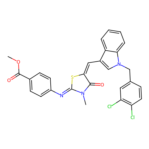 Methyl 4-[[5-[[1-[(3,4-dichlorophenyl)methyl]-1H-indol-3-yl]methylene]-3-methyl-4-oxo-2-thiazolidinylidene]amino]benzoate structure