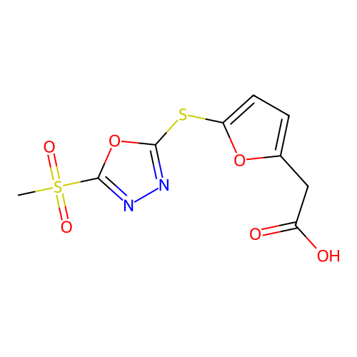 5-[[5-(Methylsulfonyl)-1,3,4-oxadiazol-2-yl]thio]-2-furanacetic acid structure