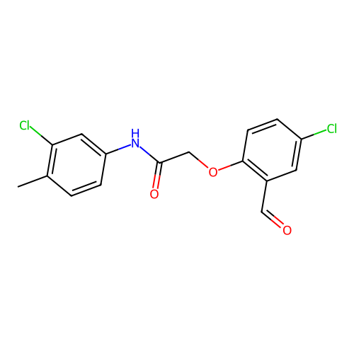 2-(4-chloro-2-formylphenoxy)-N-(3-chloro-4-methylphenyl)acetamide structure