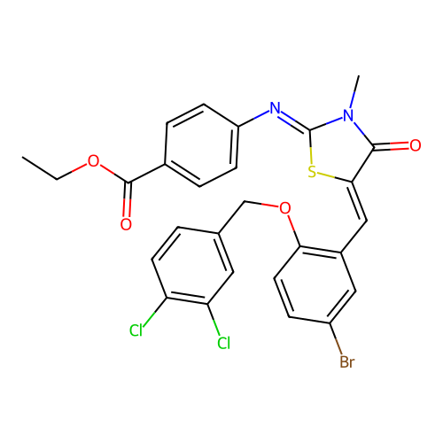 Ethyl 4-[[5-[[5-bromo-2-[(3,4-dichlorophenyl)methoxy]phenyl]methylene]-3-methyl-4-oxo-2-thiazolidinylidene]amino]benzoate structure