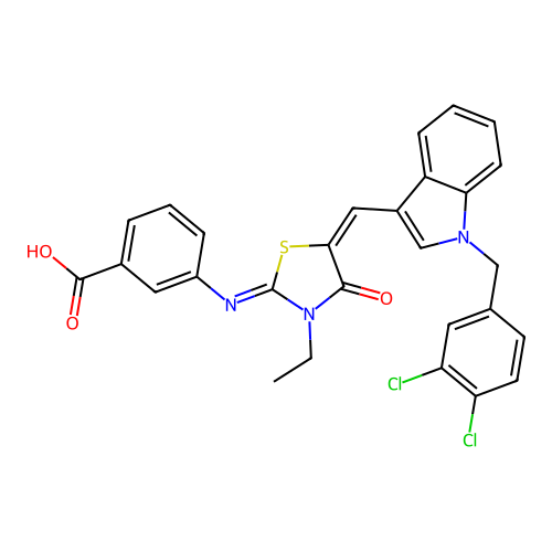 3-[[5-[[1-[(3,4-Dichlorophenyl)methyl]-1H-indol-3-yl]methylene]-3-ethyl-4-oxo-2-thiazolidinylidene]amino]benzoic acid structure