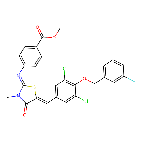 Methyl 4-[[5-[[3,5-dichloro-4-[(3-fluorophenyl)methoxy]phenyl]methylene]-3-methyl-4-oxo-2-thiazolidinylidene]amino]benzoate structure