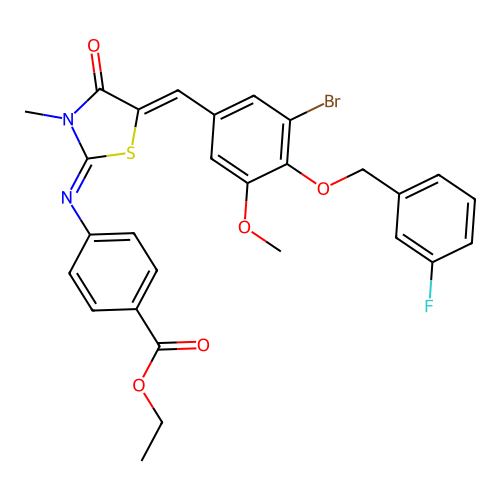 Ethyl 4-[[5-[[3-bromo-4-[(3-fluorophenyl)methoxy]-5-methoxyphenyl]methylene]-3-methyl-4-oxo-2-thiazolidinylidene]amino]benzoate structure