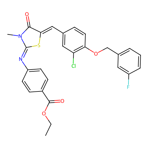 Ethyl 4-[[5-[[3-chloro-4-[(3-fluorophenyl)methoxy]phenyl]methylene]-3-methyl-4-oxo-2-thiazolidinylidene]amino]benzoate structure