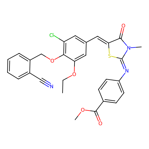 Methyl 4-[[5-[[3-chloro-4-[(2-cyanophenyl)methoxy]-5-ethoxyphenyl]methylene]-3-methyl-4-oxo-2-thiazolidinylidene]amino]benzoate structure