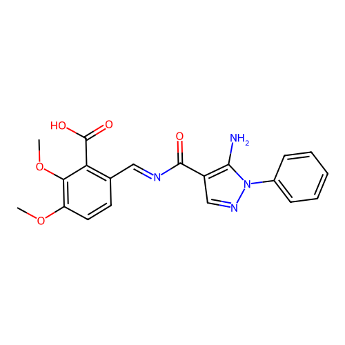 (E)-6-(((5-amino-1-phenyl-1H-pyrazole-4-carbonyl)imino)methyl)-2,3-dimethoxybenzoic acid structure