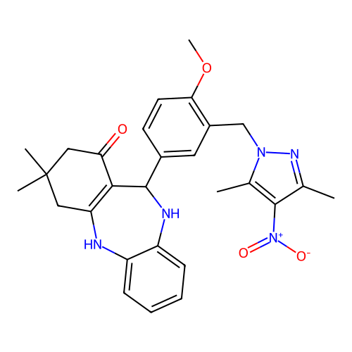 11-{3-[(3,5-dimethyl-4-nitro-1H-pyrazol-1-yl)methyl]-4-methoxyphenyl}-3,3-dimethyl-3,4,10,11-tetrahydro-2H-dibenzo[b,e][1,4]diazepin-1-ol structure