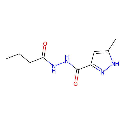 N'-butanoyl-3-methyl-1H-pyrazole-5-carbohydrazide structure