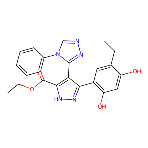 Ethyl 5-(5-ethyl-2,4-dihydroxyphenyl)-4-(4-phenyl-4H-1,2,4-triazol-3-yl)-1H-pyrazole-3-carboxylate structure