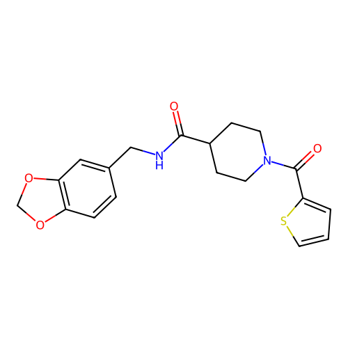 N-(1,3-benzodioxol-5-ylmethyl)-1-(thiophene-2-carbonyl)piperidine-4-carboxamide structure