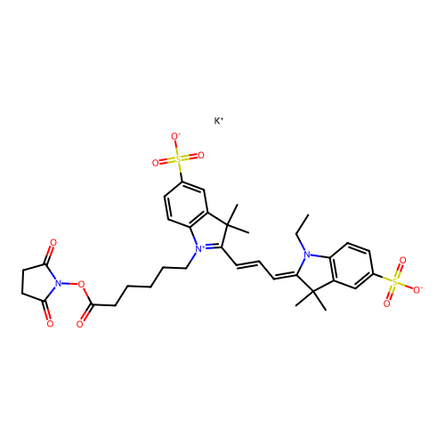 potassium;2-[3-[1-[6-(2,5-dioxopyrrolidin-1-yl)oxy-6-oxohexyl]-3,3-dimethyl-5-sulfonatoindol-1-ium-2-yl]prop-2-enylidene]-1-ethyl-3,3-dimethylindole-5-sulfonate structure