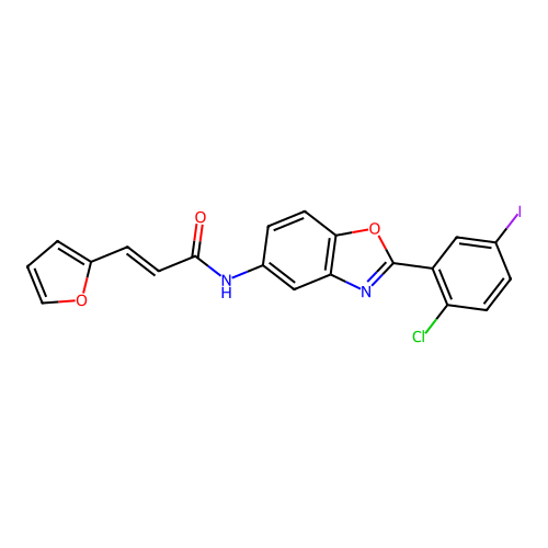 N-[2-(2-chloro-5-iodophenyl)-1,3-benzoxazol-5-yl]-3-(furan-2-yl)prop-2-enamide structure