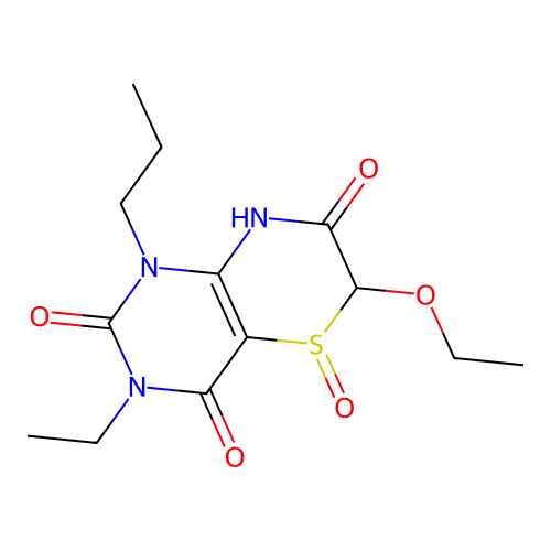 6-ethoxy-3-ethyl-5-oxo-1-propyl-8H-pyrimido[5,4-b][1,4]thiazine-2,4,7-trione structure