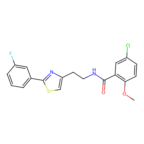 5-chloro-N-{2-[2-(3-fluorophenyl)-1,3-thiazol-4-yl]ethyl}-2-methoxybenzamide structure