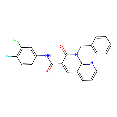 1-benzyl-N-(3-chloro-4-fluorophenyl)-2-oxo-1,2-dihydro-1,8-naphthyridine-3-carboxamide structure