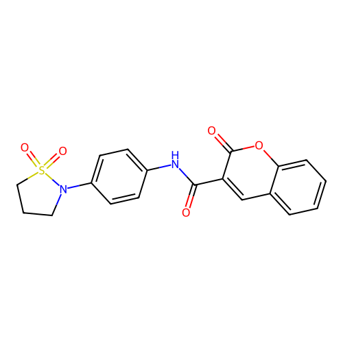 N-(4-(1,1-dioxidoisothiazolidin-2-yl)phenyl)-2-oxo-2H-chromene-3-carboxamide structure