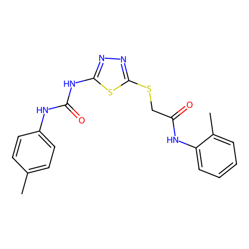 N-(o-tolyl)-2-((5-(3-(p-tolyl)ureido)-1,3,4-thiadiazol-2-yl)thio)acetamide structure