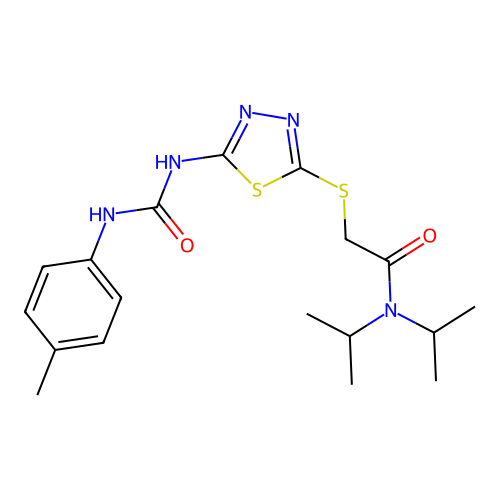 N,N-diisopropyl-2-((5-(3-(p-tolyl)ureido)-1,3,4-thiadiazol-2-yl)thio)acetamide structure
