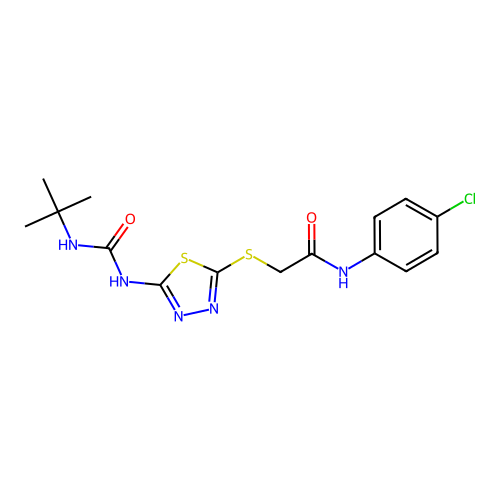 2-({5-[(tert-butylcarbamoyl)amino]-1,3,4-thiadiazol-2-yl}sulfanyl)-N-(4-chlorophenyl)acetamide structure