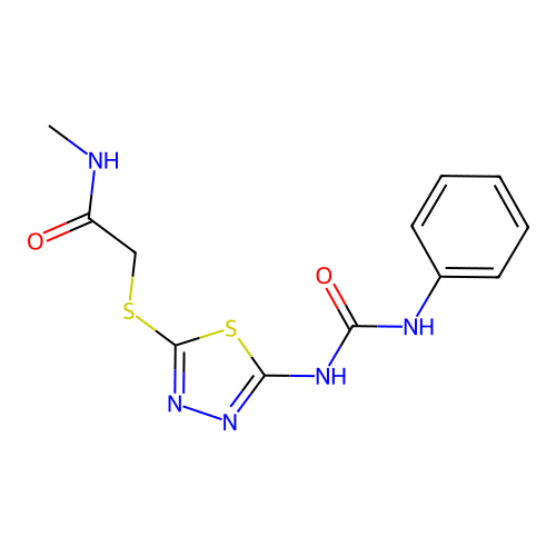 N-methyl-2-[[5-(phenylcarbamoylamino)-1,3,4-thiadiazol-2-yl]sulfanyl]acetamide structure