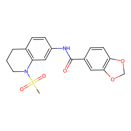 N-(1-methylsulfonyl-3,4-dihydro-2H-quinolin-7-yl)-1,3-benzodioxole-5-carboxamide structure