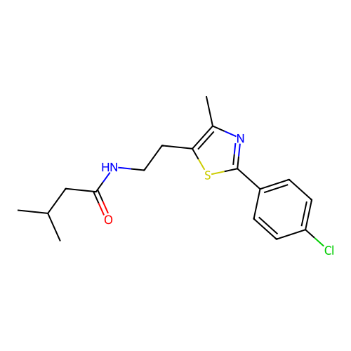 N-{2-[2-(4-chlorophenyl)-4-methyl-1,3-thiazol-5-yl]ethyl}-3-methylbutanamide structure