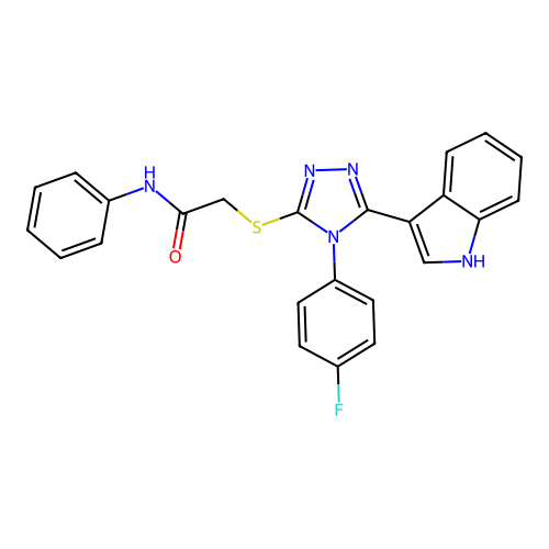 2-{[4-(4-fluorophenyl)-5-(1H-indol-3-yl)-4H-1,2,4-triazol-3-yl]sulfanyl}-N-phenylacetamide structure