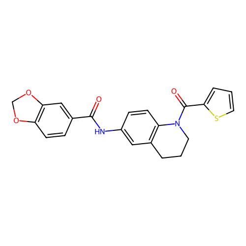N-[1-(thiophene-2-carbonyl)-1,2,3,4-tetrahydroquinolin-6-yl]-2H-1,3-benzodioxole-5-carboxamide structure