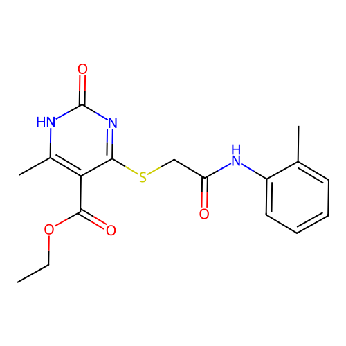 ethyl 6-methyl-4-({[(2-methylphenyl)carbamoyl]methyl}sulfanyl)-2-oxo-1,2-dihydropyrimidine-5-carboxylate structure