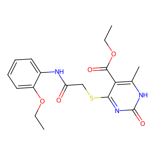 ethyl 4-({[(2-ethoxyphenyl)carbamoyl]methyl}sulfanyl)-6-methyl-2-oxo-1,2-dihydropyrimidine-5-carboxylate structure