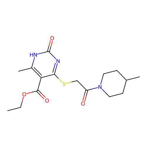 ethyl 6-methyl-4-{[2-(4-methylpiperidin-1-yl)-2-oxoethyl]sulfanyl}-2-oxo-1,2-dihydropyrimidine-5-carboxylate structure