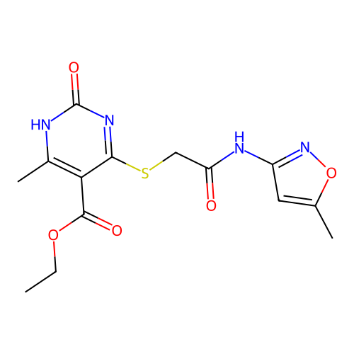 ethyl 6-methyl-4-({[(5-methyl-1,2-oxazol-3-yl)carbamoyl]methyl}sulfanyl)-2-oxo-1,2-dihydropyrimidine-5-carboxylate structure