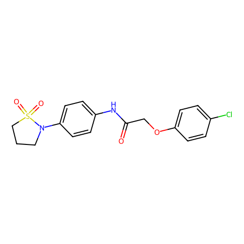 2-(4-chlorophenoxy)-N-(4-(1,1-dioxidoisothiazolidin-2-yl)phenyl)acetamide structure