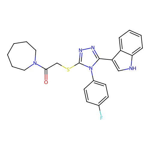 1-(azepan-1-yl)-2-{[4-(4-fluorophenyl)-5-(1H-indol-3-yl)-4H-1,2,4-triazol-3-yl]sulfanyl}ethan-1-one structure