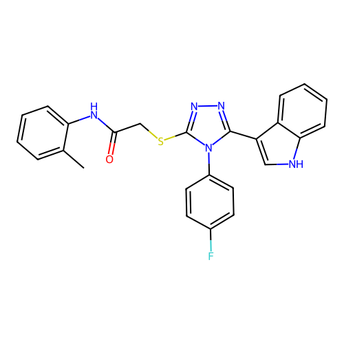 2-{[4-(4-fluorophenyl)-5-(1H-indol-3-yl)-4H-1,2,4-triazol-3-yl]sulfanyl}-N-(2-methylphenyl)acetamide structure