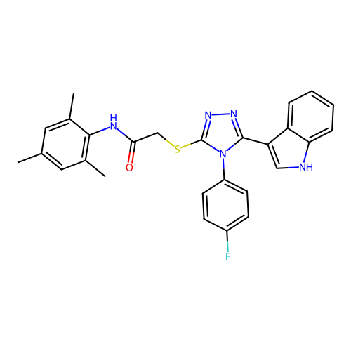 2-((4-(4-fluorophenyl)-5-(1H-indol-3-yl)-4H-1,2,4-triazol-3-yl)thio)-N-mesitylacetamide structure