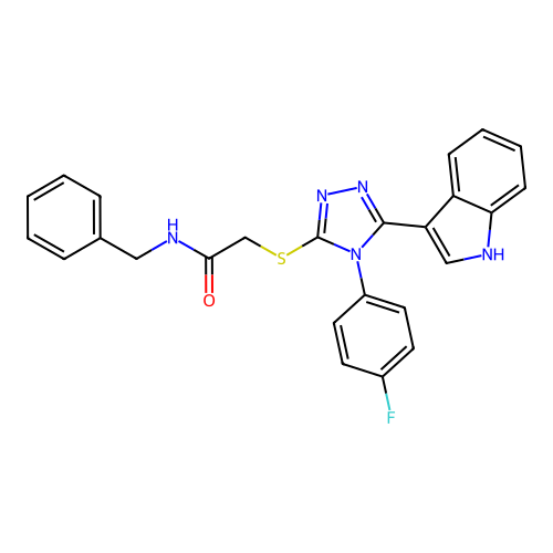 N-benzyl-2-{[4-(4-fluorophenyl)-5-(1H-indol-3-yl)-4H-1,2,4-triazol-3-yl]sulfanyl}acetamide structure