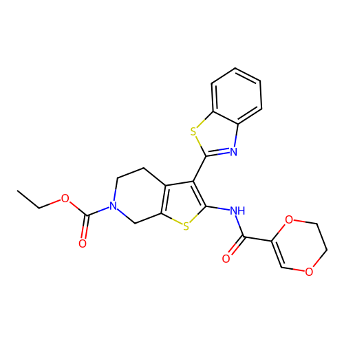 ethyl 3-(1,3-benzothiazol-2-yl)-2-(5,6-dihydro-1,4-dioxine-2-amido)-4H,5H,6H,7H-thieno[2,3-c]pyridine-6-carboxylate structure